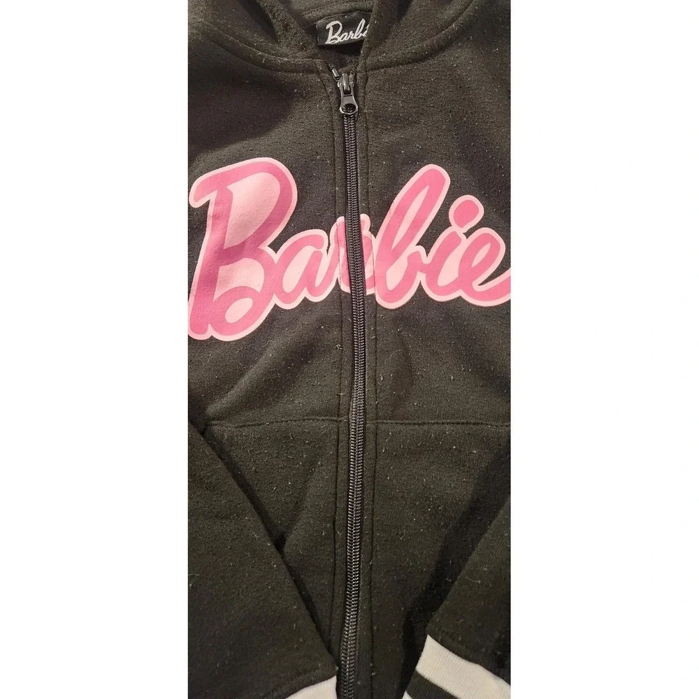 Barbie Hoodie Girls Size 8 Black Full Zip Fleece‎ Logo Graphic Sweatshirt